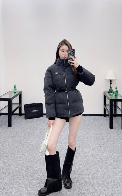 25 Stand up collar, waist belt, down wool jacket