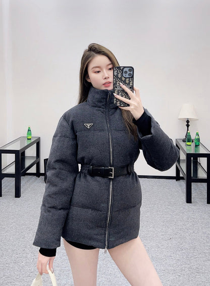 25 Stand up collar, waist belt, down wool jacket