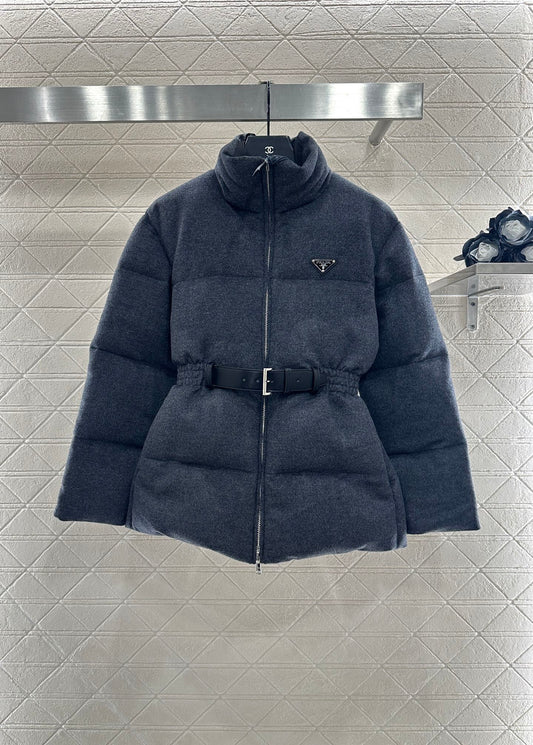 25 Stand up collar, waist belt, down wool jacket