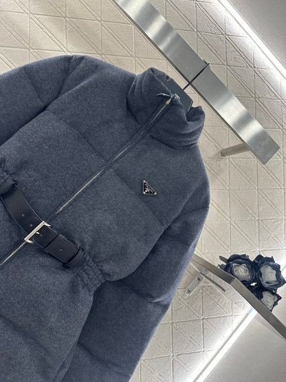 25 Stand up collar, waist belt, down wool jacket