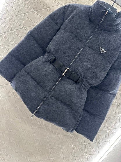 25 Stand up collar, waist belt, down wool jacket