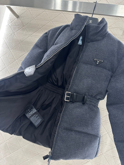 25 Stand up collar, waist belt, down wool jacket