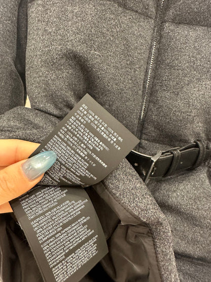 25 Stand up collar, waist belt, down wool jacket