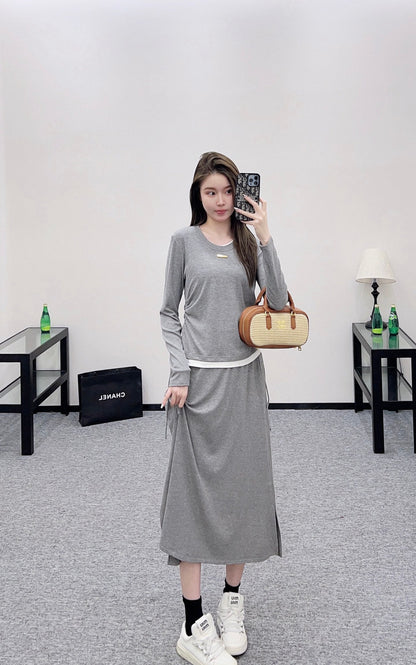 25 Fake two round neck long sleeved+half skirt set