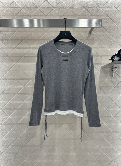 25 Fake two round neck long sleeved+half skirt set