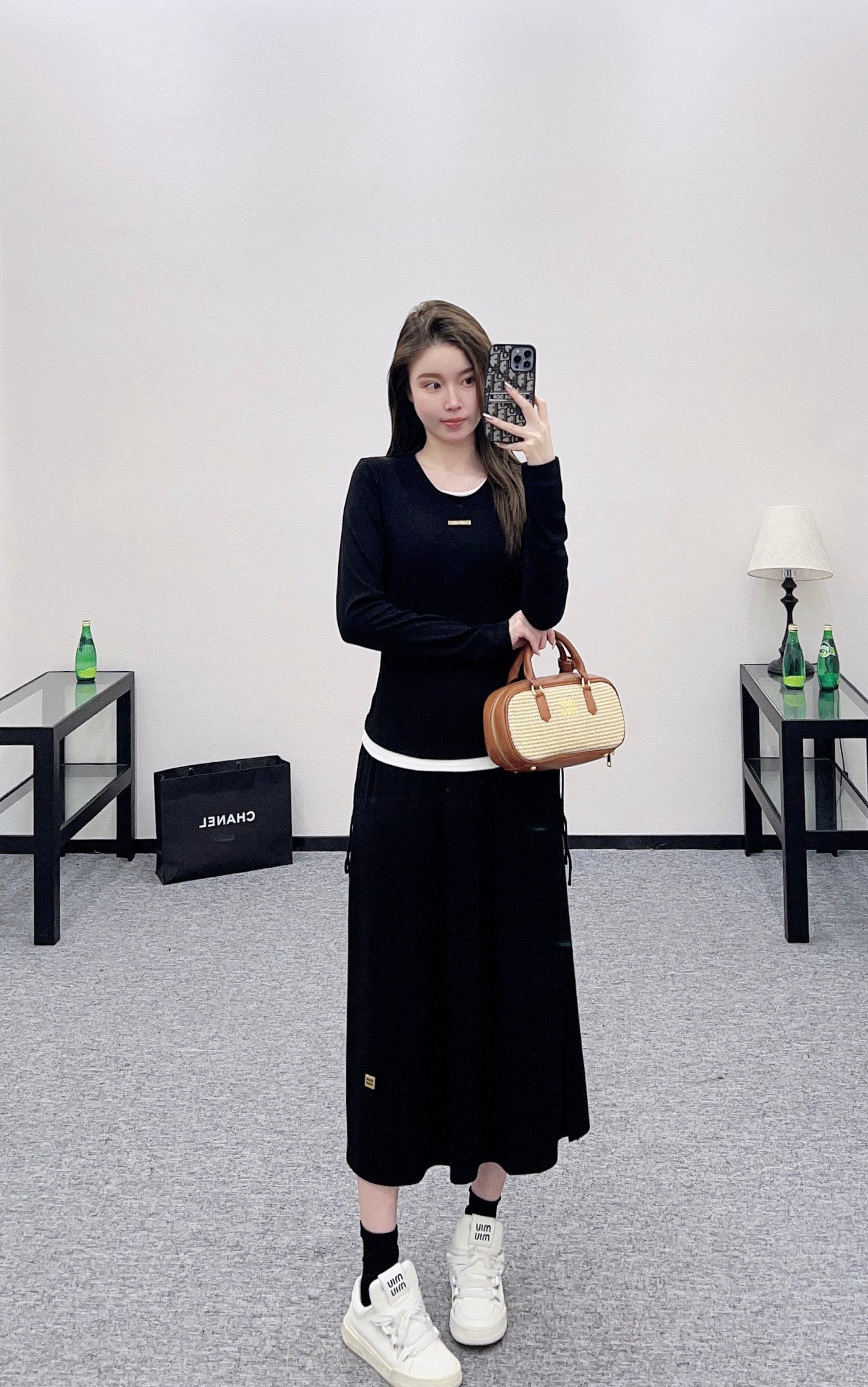 25 Fake two round neck long sleeved+half skirt set