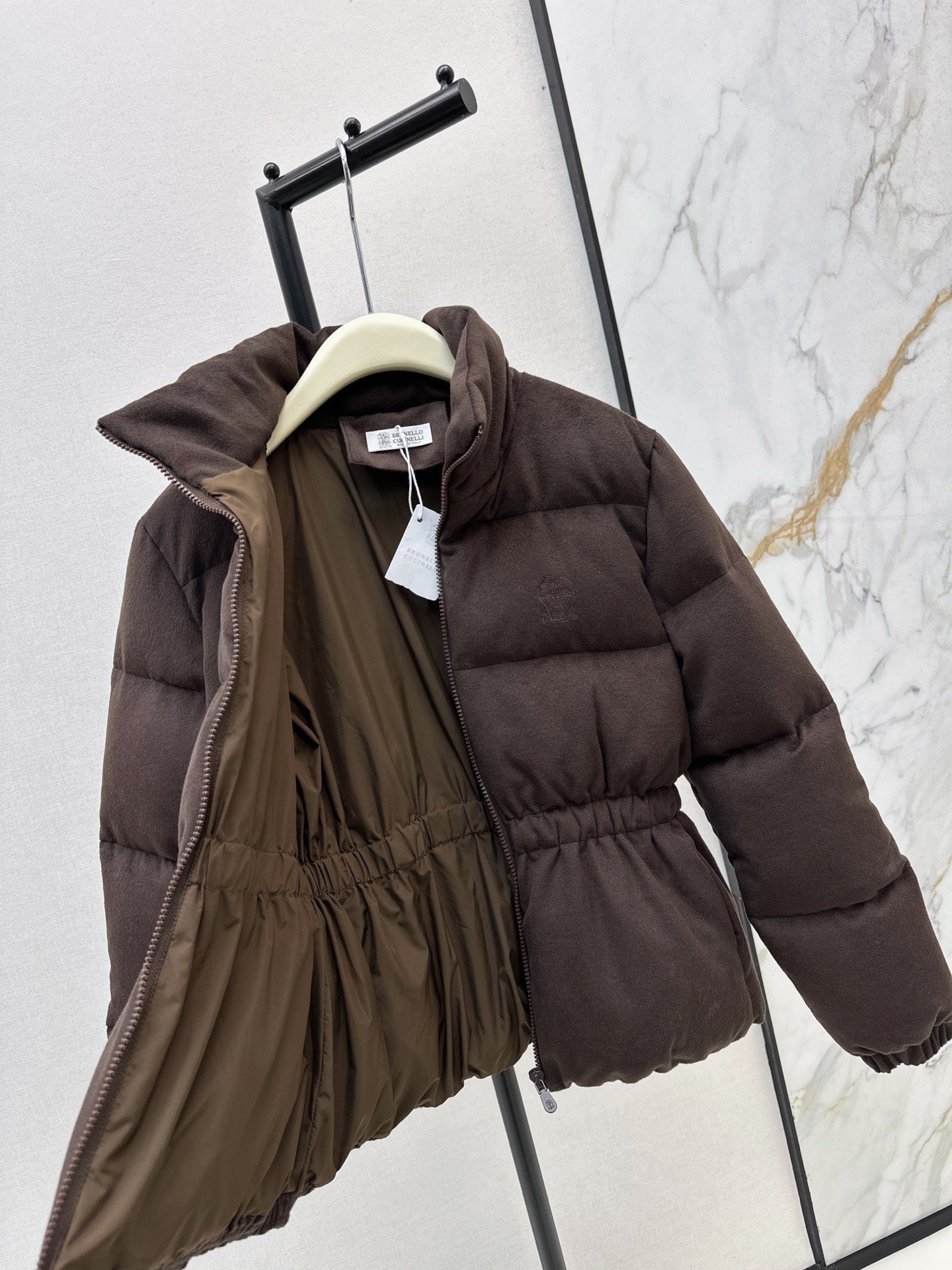 25 New drawstring waistband woolen down jacket(NAVY/BROWN)