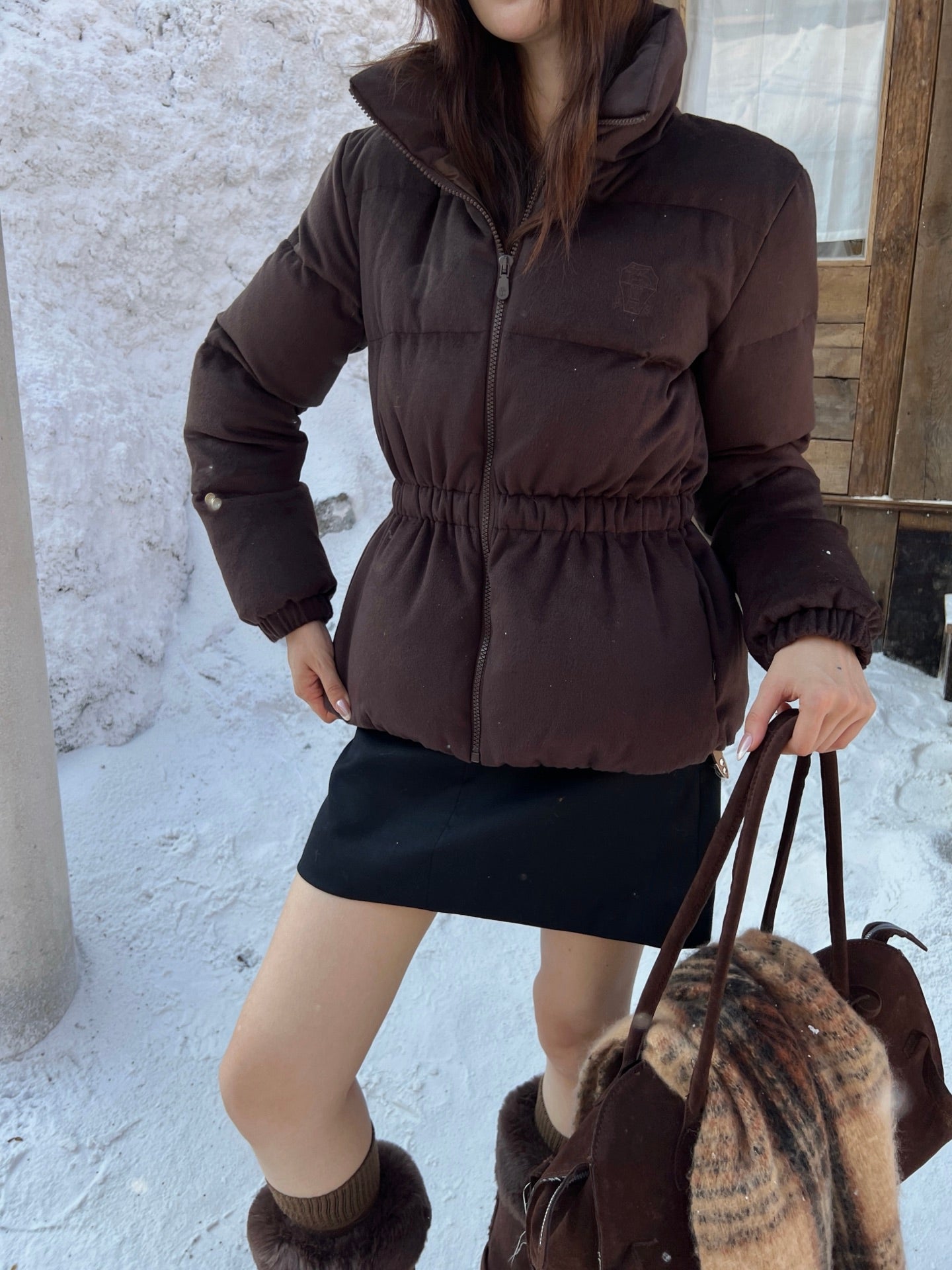 25 New drawstring waistband woolen down jacket(NAVY/BROWN)