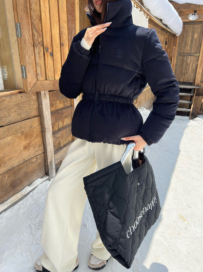 25 New drawstring waistband woolen down jacket(NAVY/BROWN)