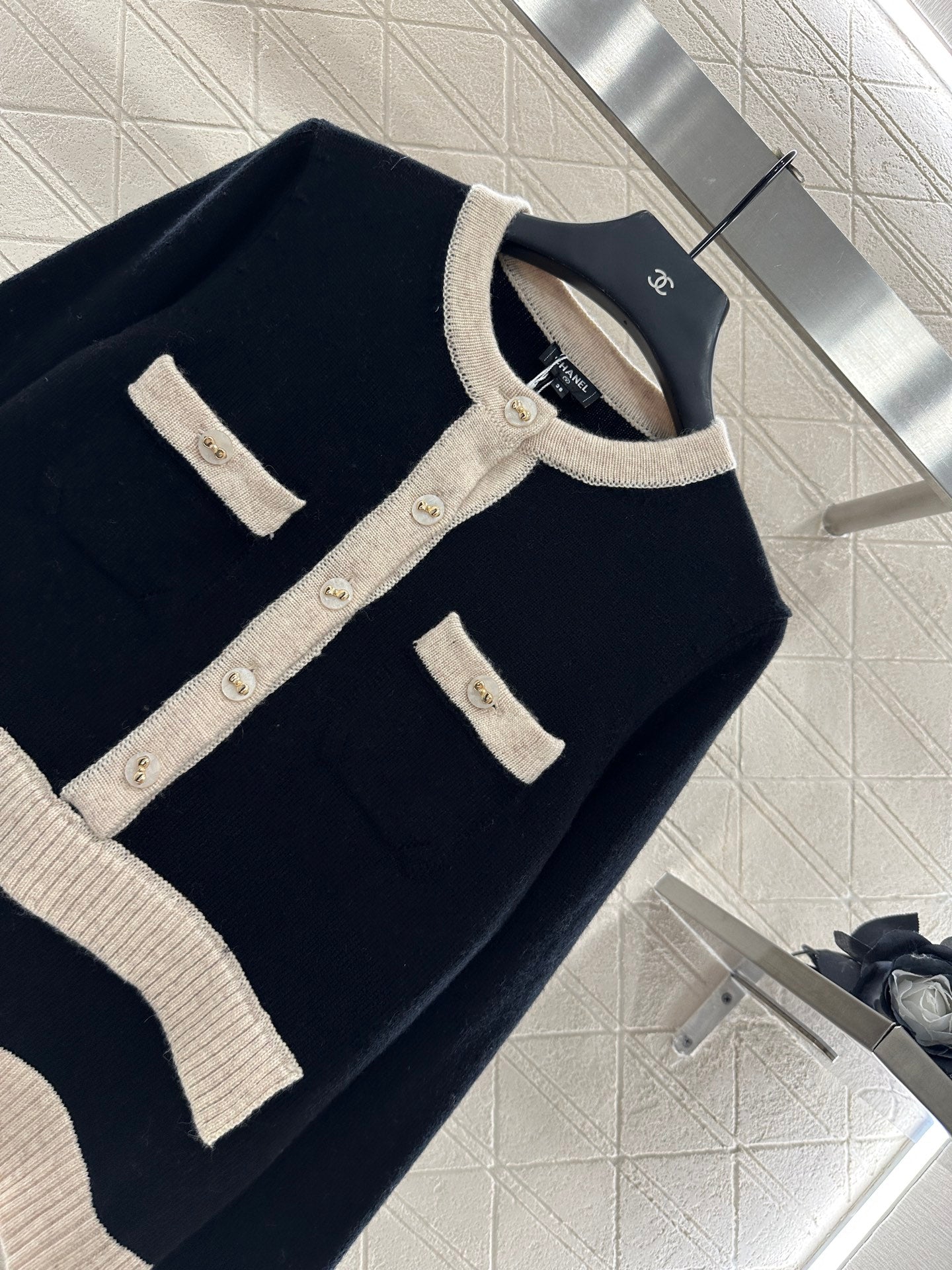 25fw Color blocking pocket knitted suit