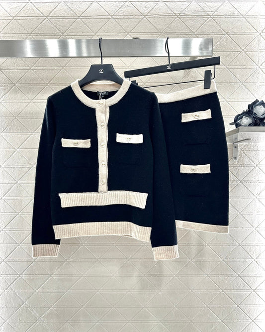 25fw Color blocking pocket knitted suit