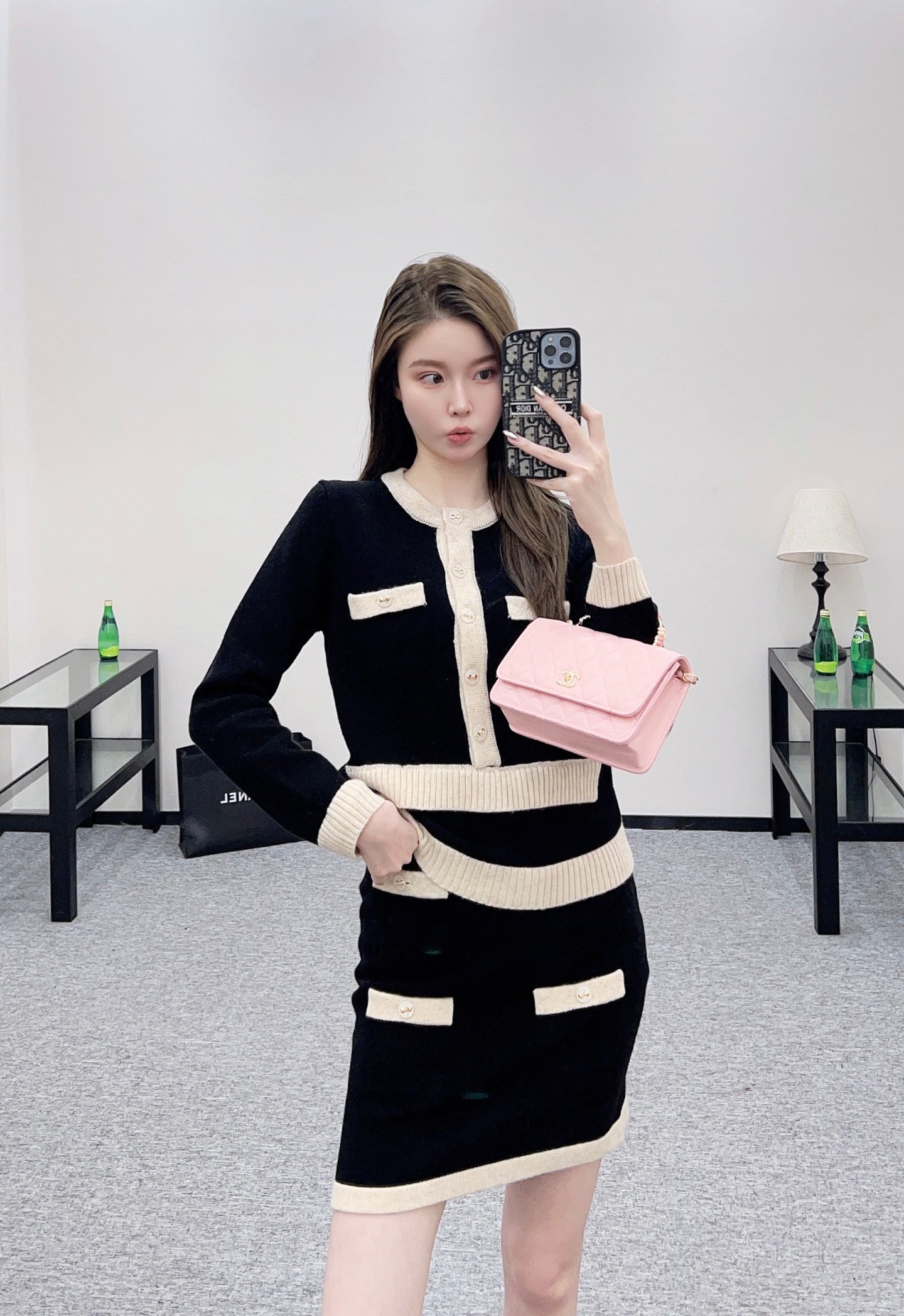 25fw Color blocking pocket knitted suit