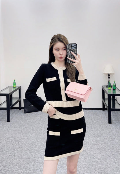 25fw Color blocking pocket knitted suit