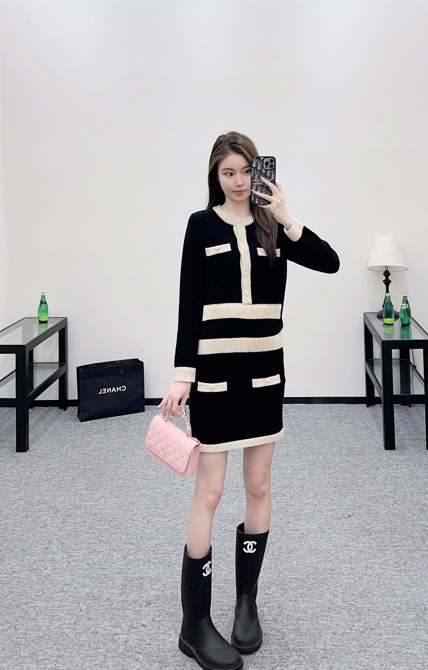 25fw Color blocking pocket knitted suit