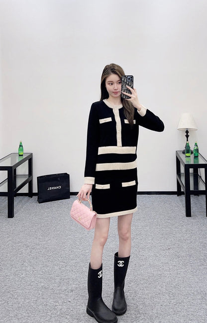 25fw Color blocking pocket knitted suit