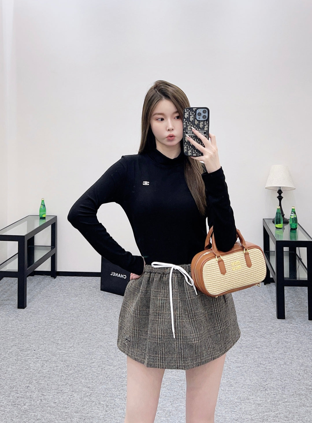 25 Plaid drawstring imitation wool mini skirt