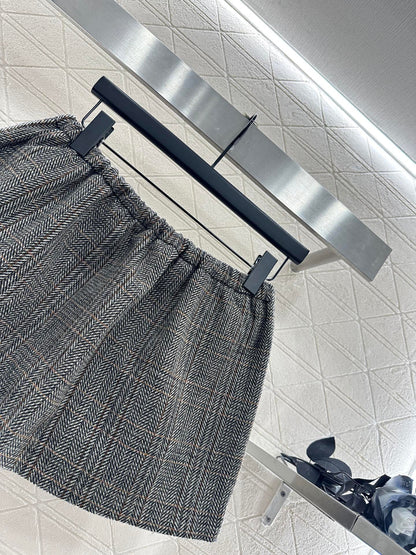 25 Plaid drawstring imitation wool mini skirt