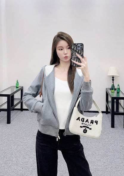 25 Velvet brushed hooded zipper jacket