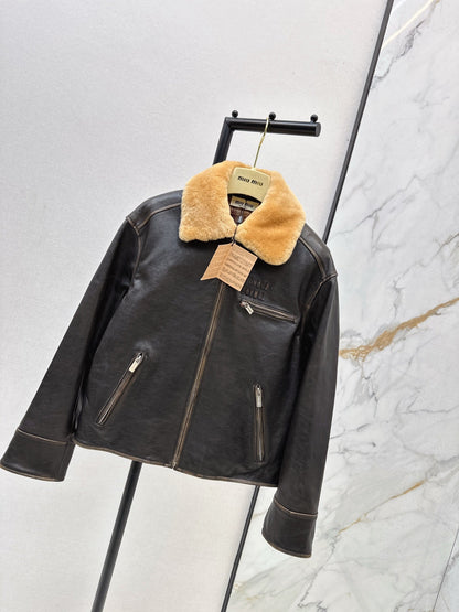 25 New fur collar motorcycle jacket sheepskin jacket(KHAKI/BLACK)