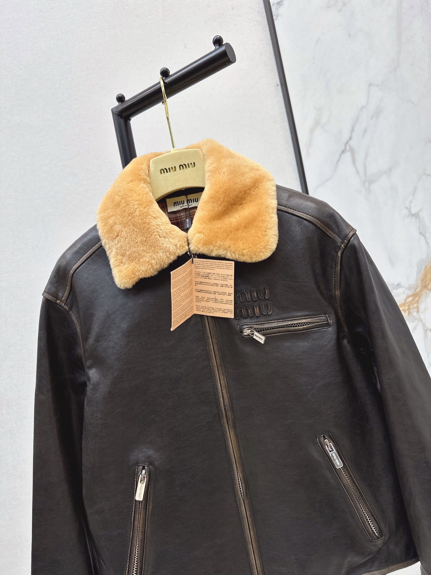 25 New fur collar motorcycle jacket sheepskin jacket(KHAKI/BLACK)