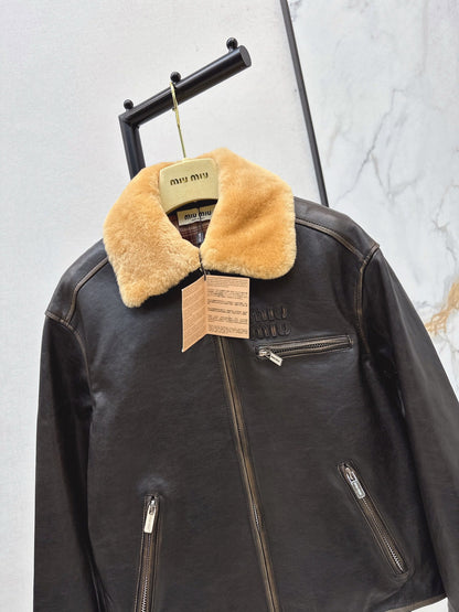 25 New fur collar motorcycle jacket sheepskin jacket(KHAKI/BLACK)