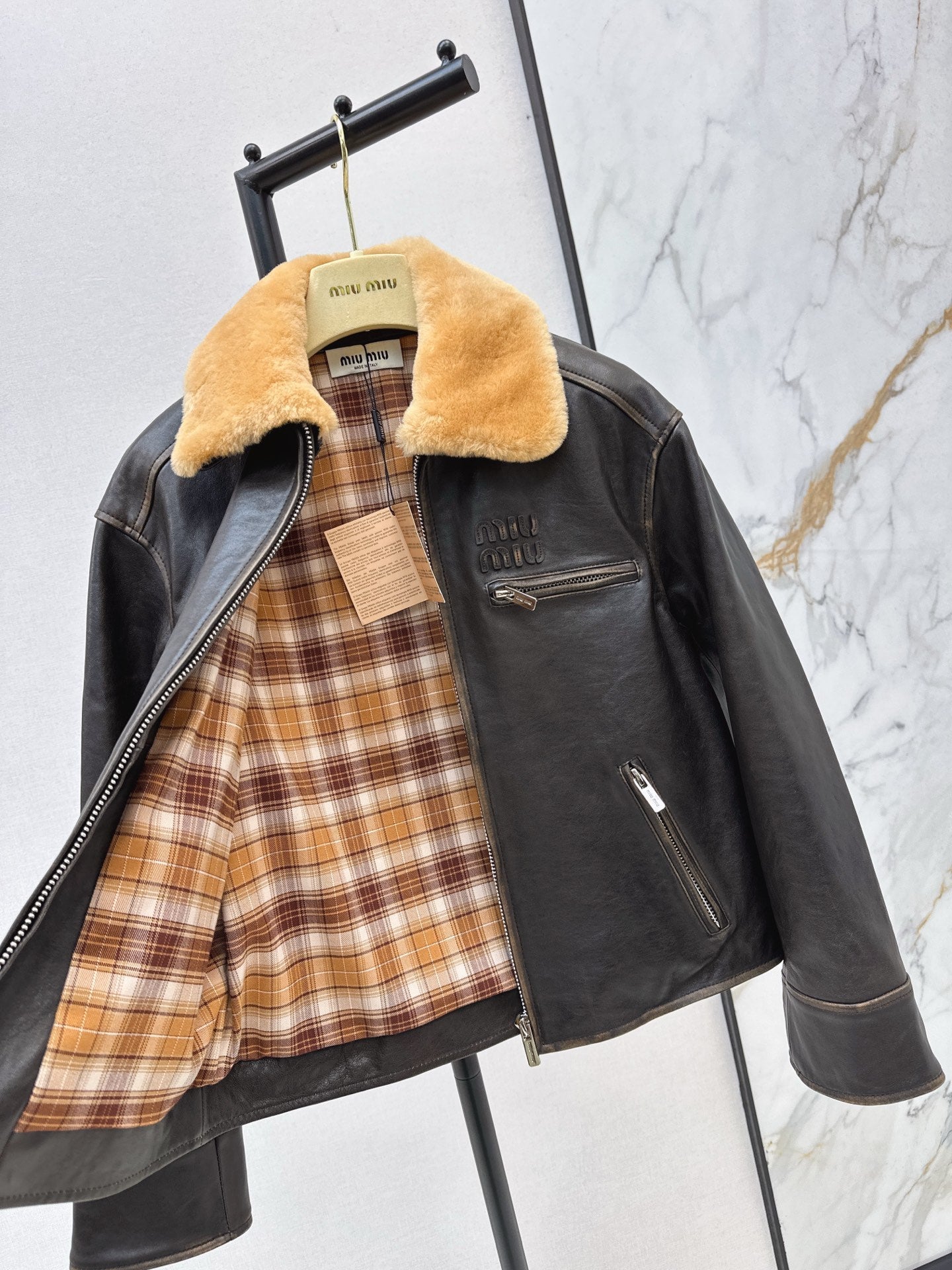 25 New fur collar motorcycle jacket sheepskin jacket(KHAKI/BLACK)