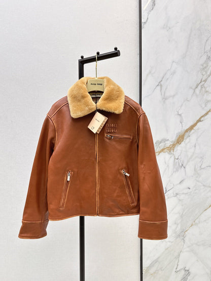 25 New fur collar motorcycle jacket sheepskin jacket(KHAKI/BLACK)