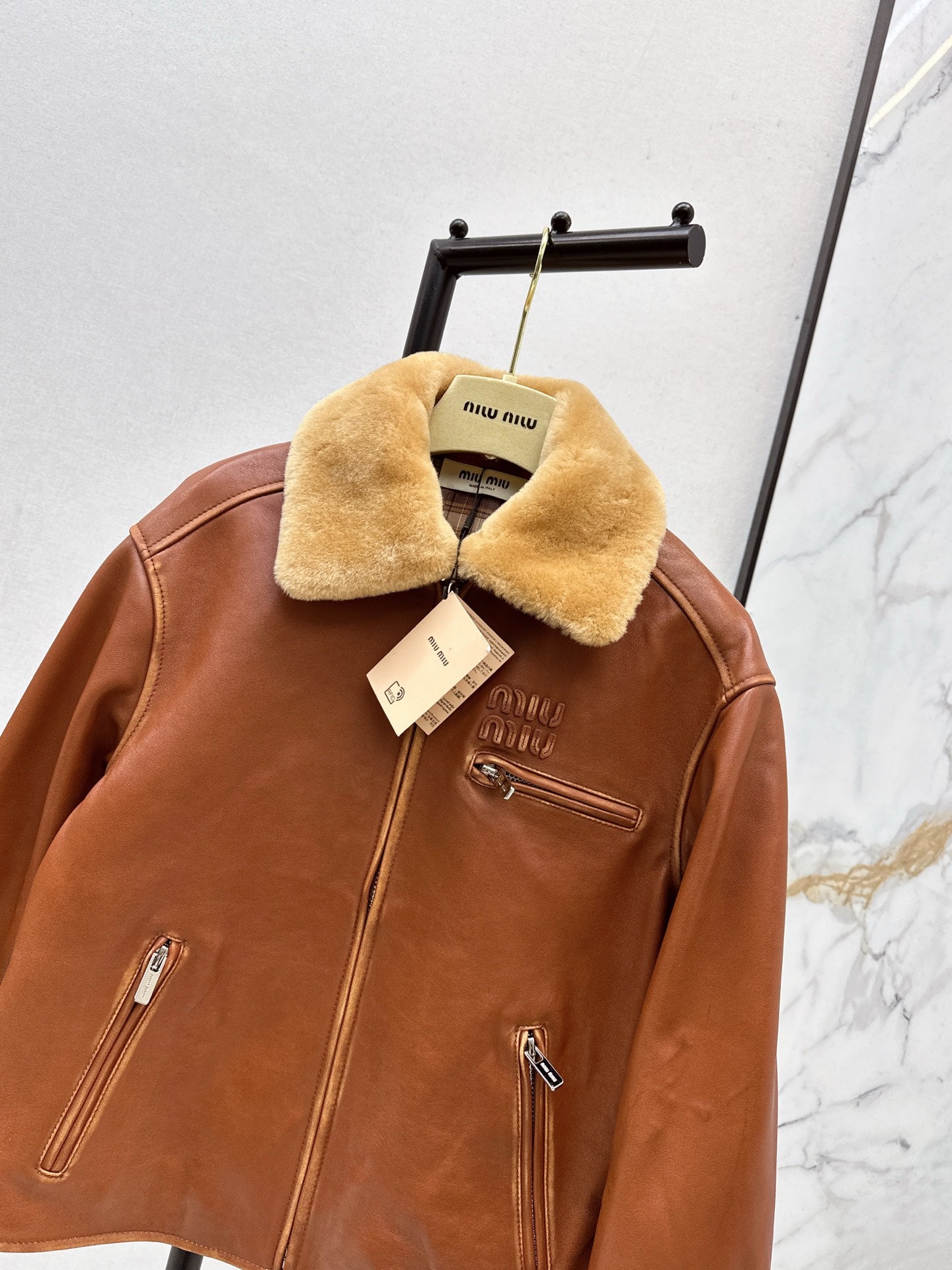 25 New fur collar motorcycle jacket sheepskin jacket(KHAKI/BLACK)