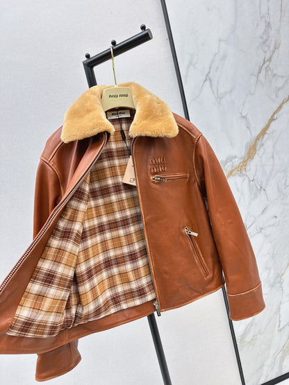 25 New fur collar motorcycle jacket sheepskin jacket(KHAKI/BLACK)