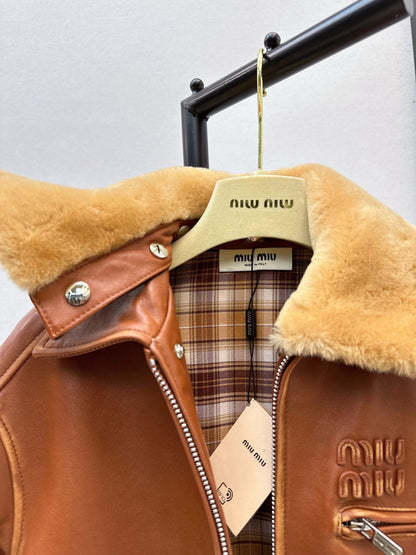 25 New fur collar motorcycle jacket sheepskin jacket(KHAKI/BLACK)