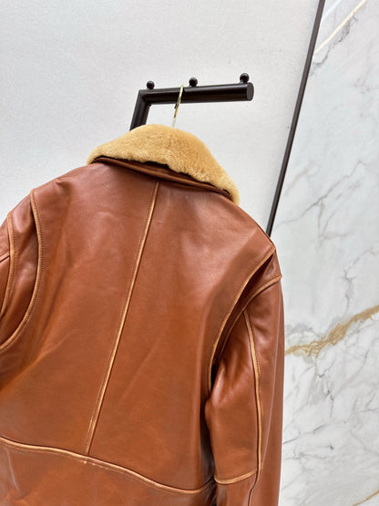 25 New fur collar motorcycle jacket sheepskin jacket(KHAKI/BLACK)