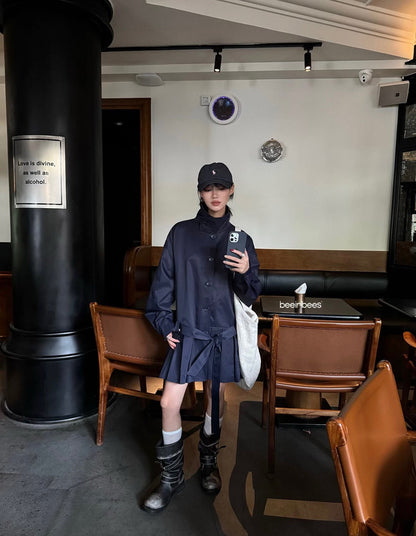 25 New wide shoulder silhouette stand up collar pleated windbreaker jacket(KHAKI/NAVY)