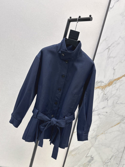 25 New wide shoulder silhouette stand up collar pleated windbreaker jacket(KHAKI/NAVY)