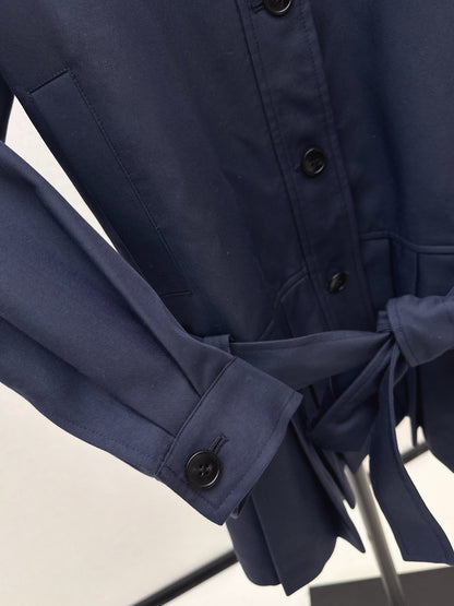 25 New wide shoulder silhouette stand up collar pleated windbreaker jacket(KHAKI/NAVY)