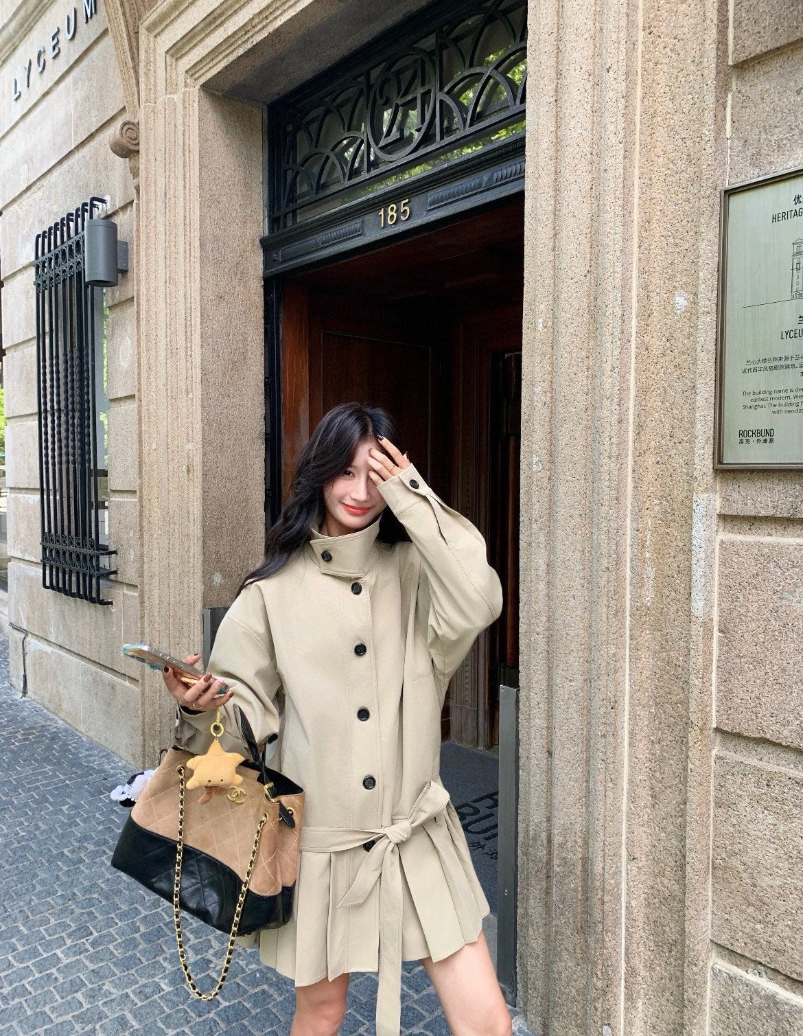 25 New wide shoulder silhouette stand up collar pleated windbreaker jacket(KHAKI/NAVY)