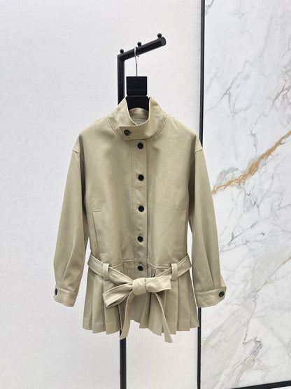 25 New wide shoulder silhouette stand up collar pleated windbreaker jacket(KHAKI/NAVY)