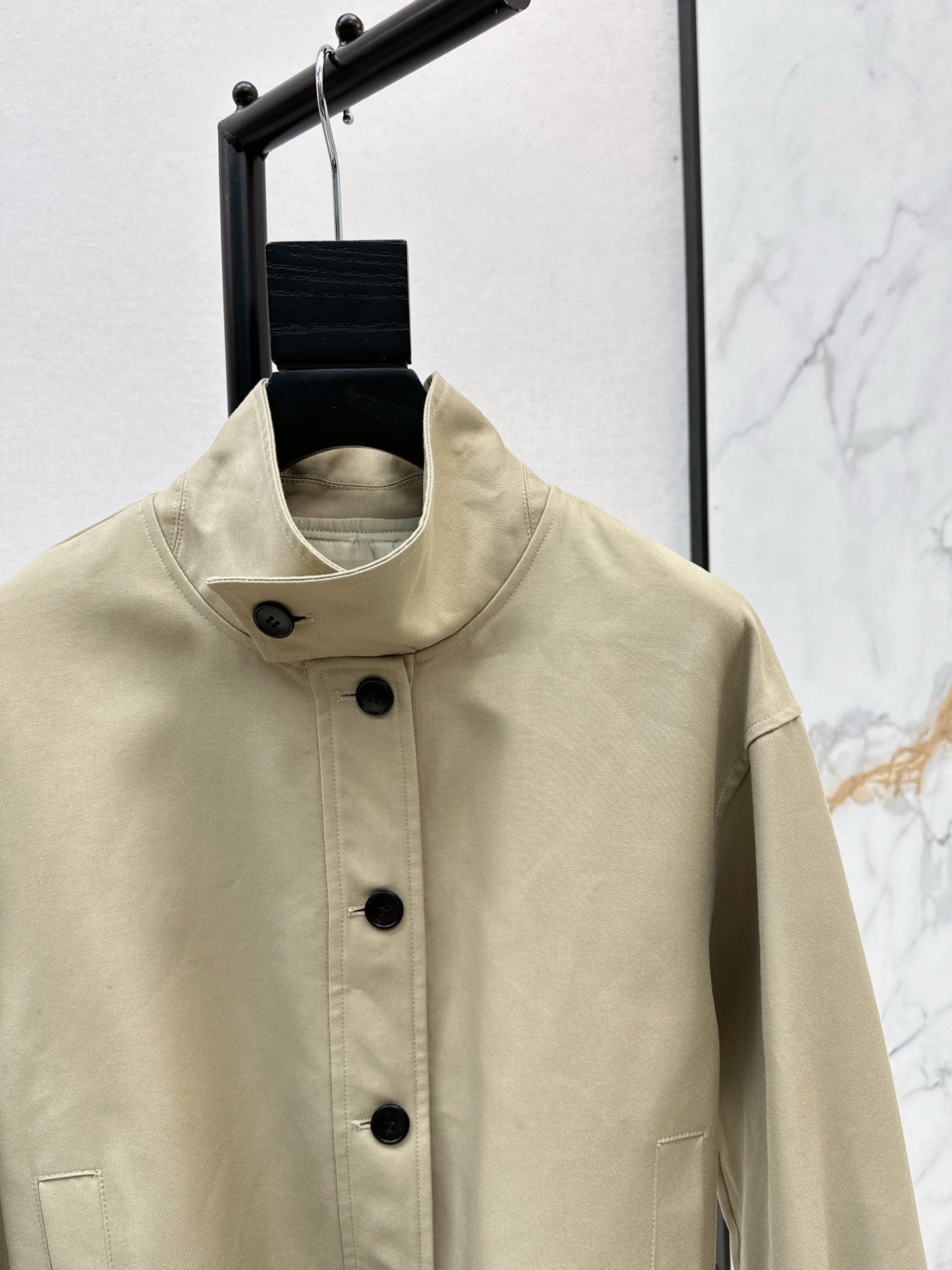 25 New wide shoulder silhouette stand up collar pleated windbreaker jacket(KHAKI/NAVY)