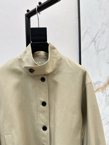 25 New wide shoulder silhouette stand up collar pleated windbreaker jacket(KHAKI/NAVY)