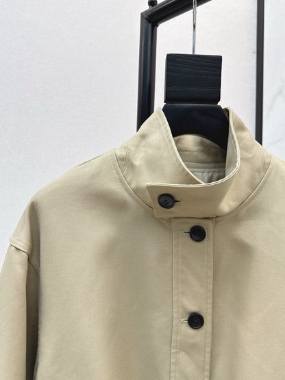 25 New wide shoulder silhouette stand up collar pleated windbreaker jacket(KHAKI/NAVY)