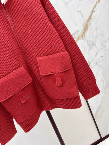 25 New Classic H-Pattern Decorative Pocket Wool Knitted Cardigan(GRAY/RED)