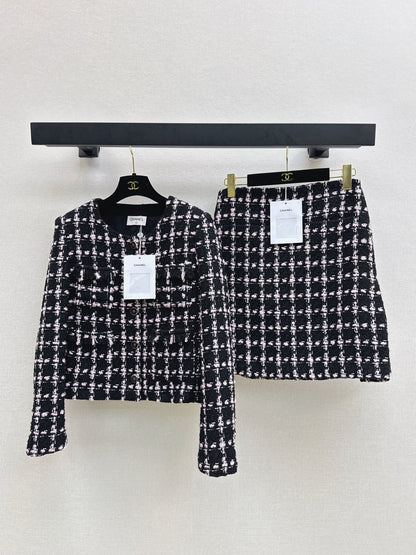 25 New style positioning plaid woven short jacket + A-line skirt set