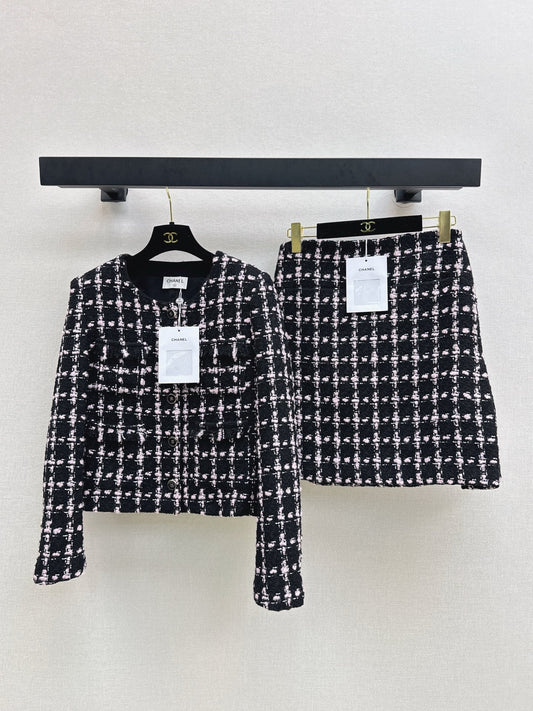 25 New style positioning plaid woven short jacket + A-line skirt set