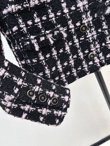 25 New style positioning plaid woven short jacket + A-line skirt set