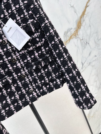 25 New style positioning plaid woven short jacket + A-line skirt set