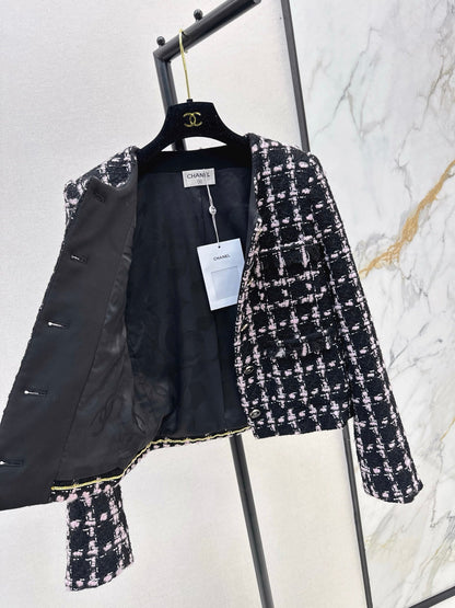 25 New style positioning plaid woven short jacket + A-line skirt set