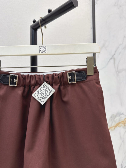 25 New leather buckle elastic pleated high waist skirt(wine red/BLACK)