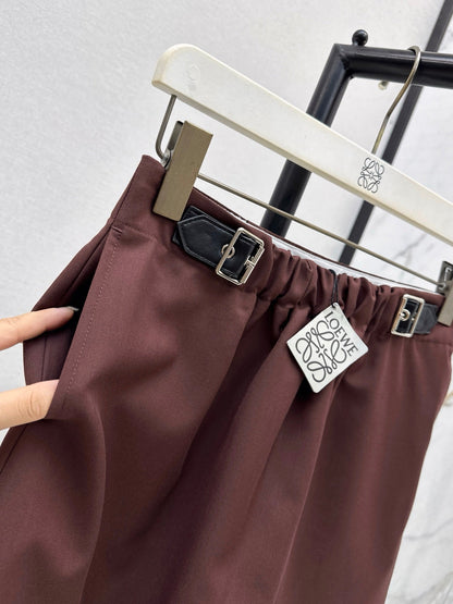 25 New leather buckle elastic pleated high waist skirt(wine red/BLACK)