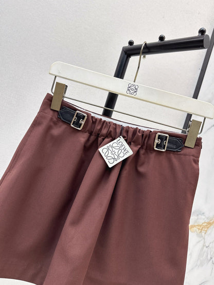25 New leather buckle elastic pleated high waist skirt(wine red/BLACK)