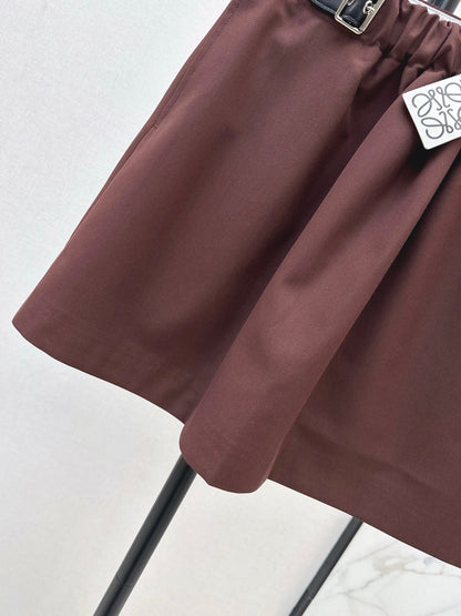 25 New leather buckle elastic pleated high waist skirt(wine red/BLACK)