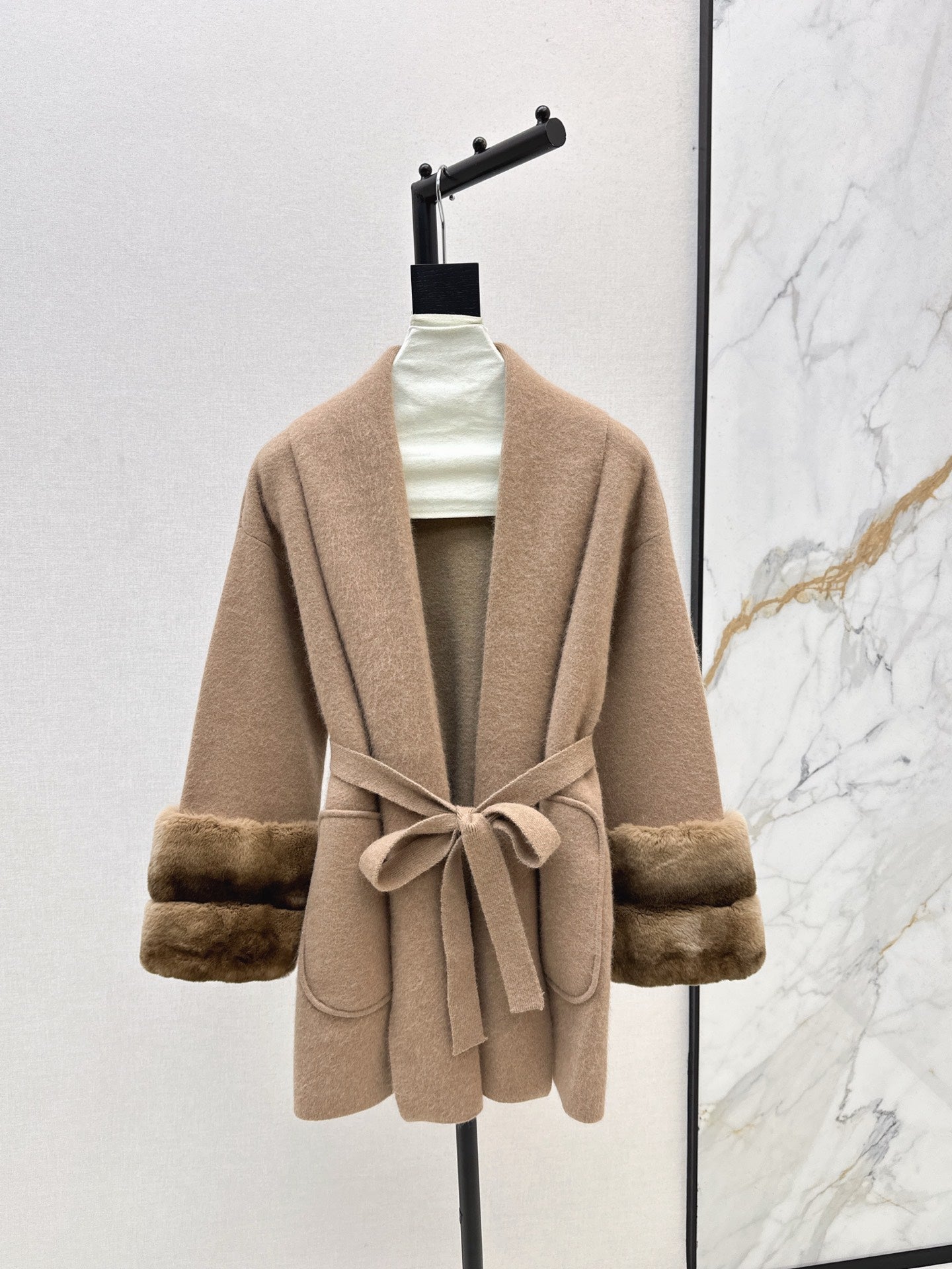 Rex rabbit fur cuffs mid-length sweater coat
